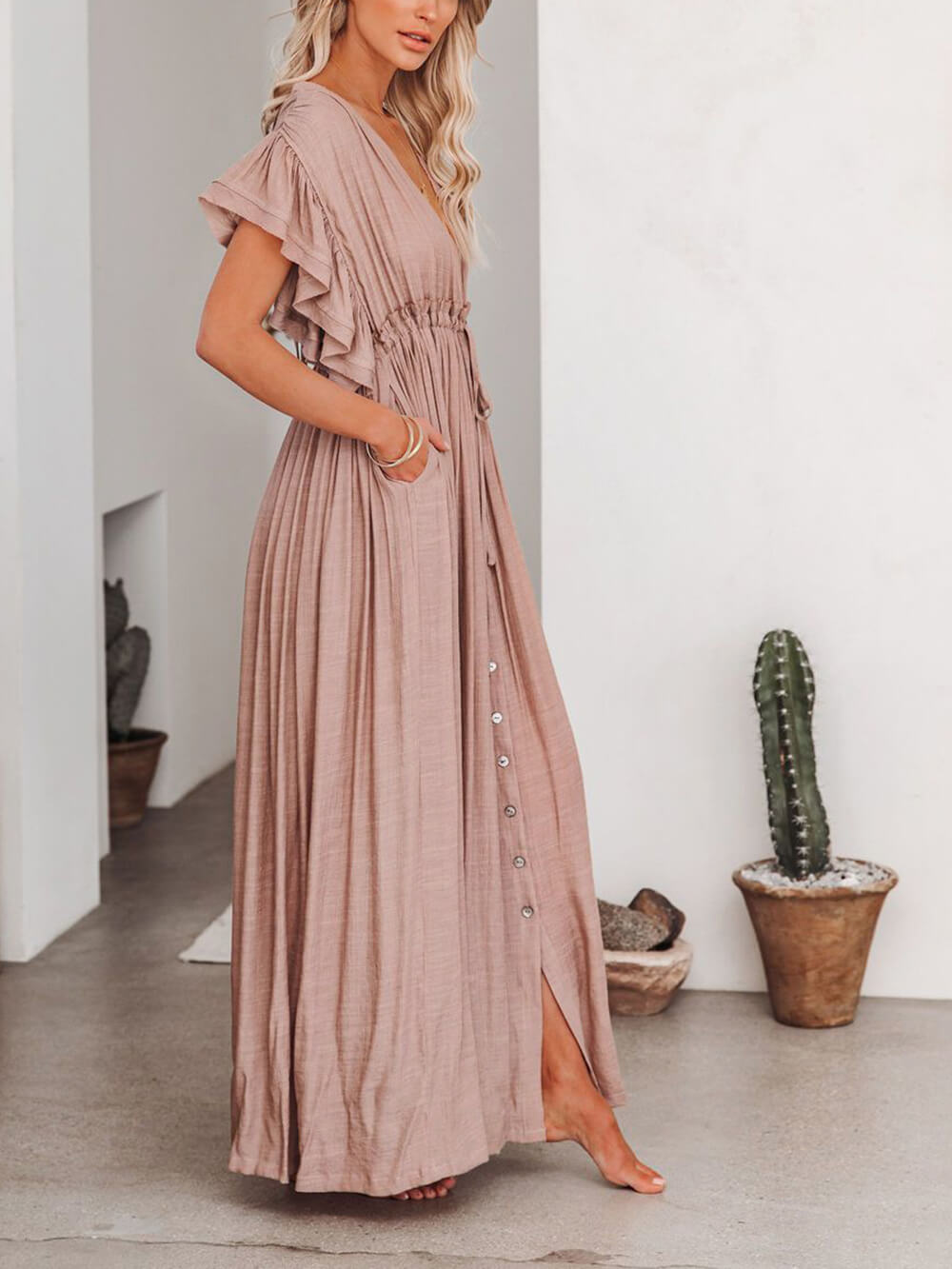 Button-Front Linen Beach Maxi Dress — women's maxi dress, view 22 by Emyri