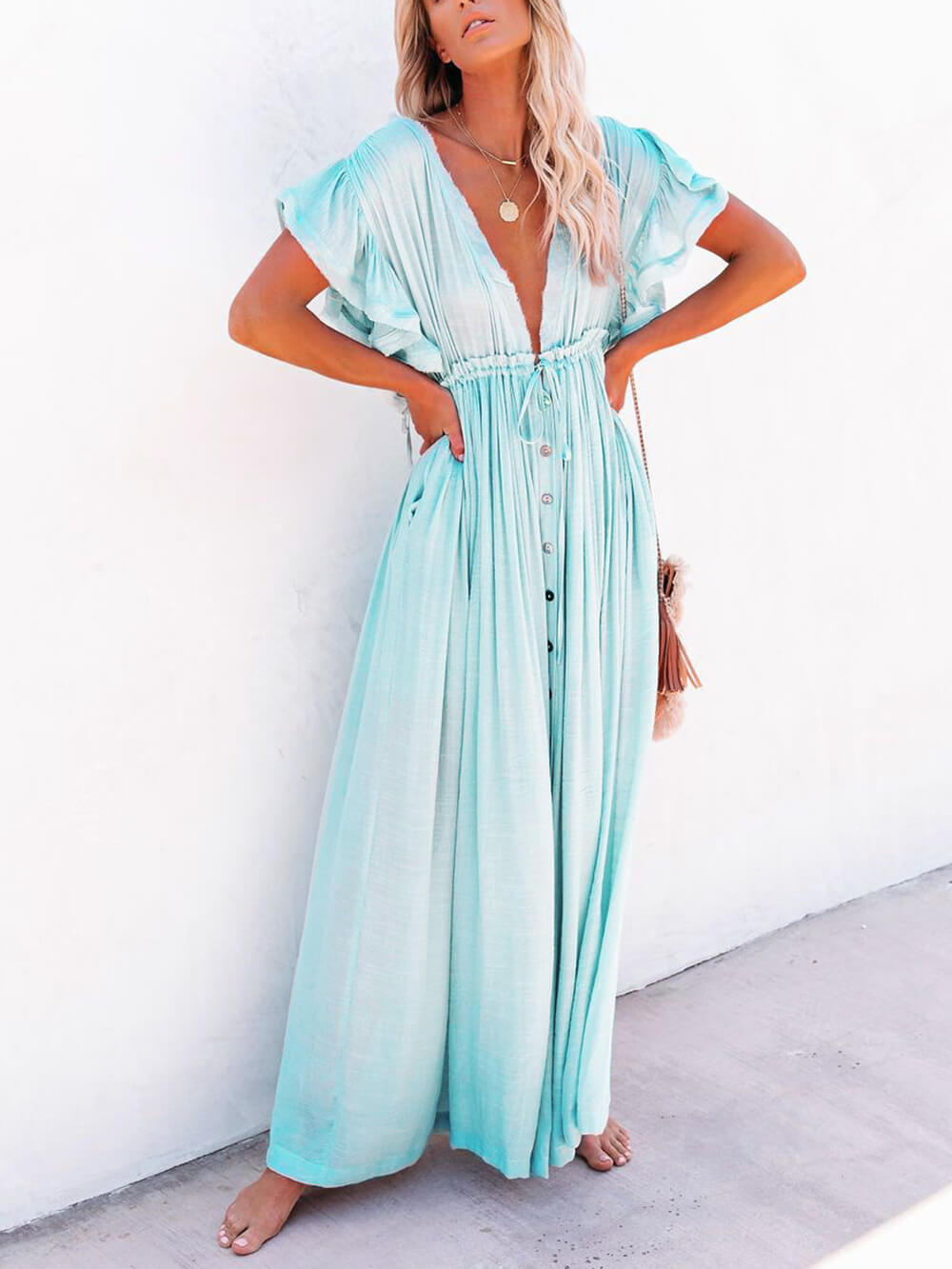 Button-Front Linen Beach Maxi Dress — women's maxi dress, view 25 by Emyri