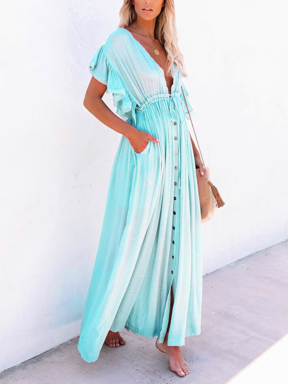 Button-Front Linen Beach Maxi Dress — women's maxi dress, view 26 by Emyri