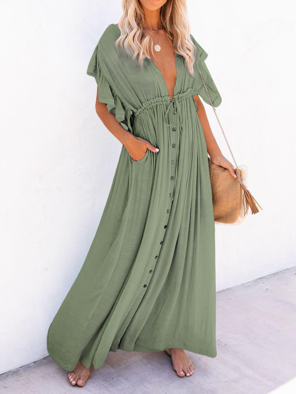 Button-Front Linen Beach Maxi Dress — women's maxi dress, view 29 by Emyri
