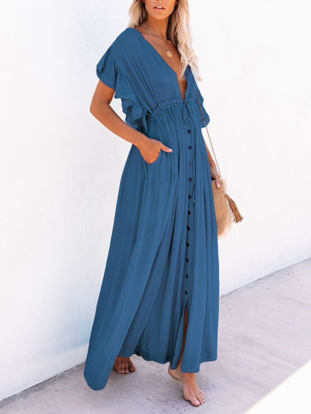 Button-Front Linen Beach Maxi Dress — women's maxi dress, view 30 by Emyri