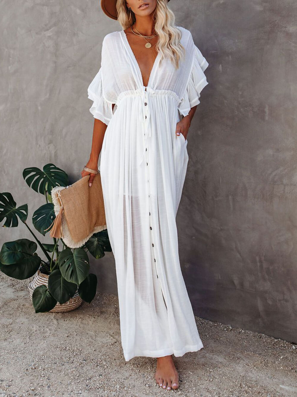 Button-Front Linen Beach Maxi Dress — women's maxi dress, view 7 by Emyri