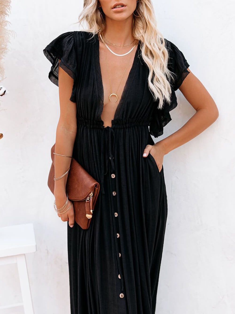 Button-Front Linen Beach Maxi Dress — women's maxi dress, view 9 by Emyri