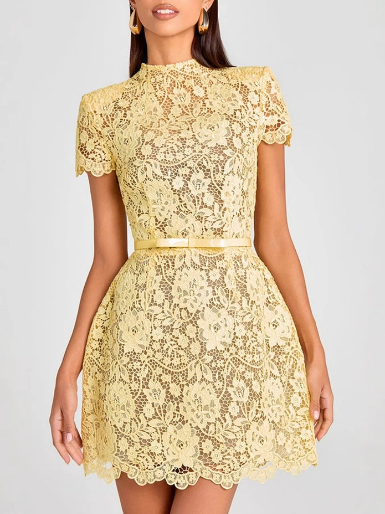 Embroidered Lace Belted Mini Dress