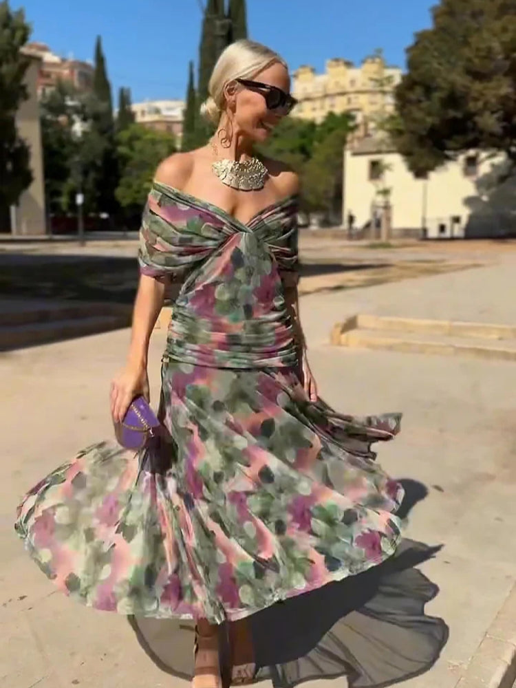 Painted Floral Pleated Maxi Dress