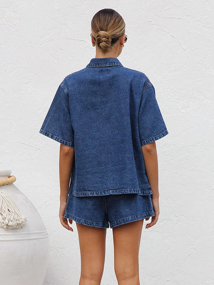 Denim Short Sleeve Shirt & Shorts Set — women's two piece set, view 12 by Emyri