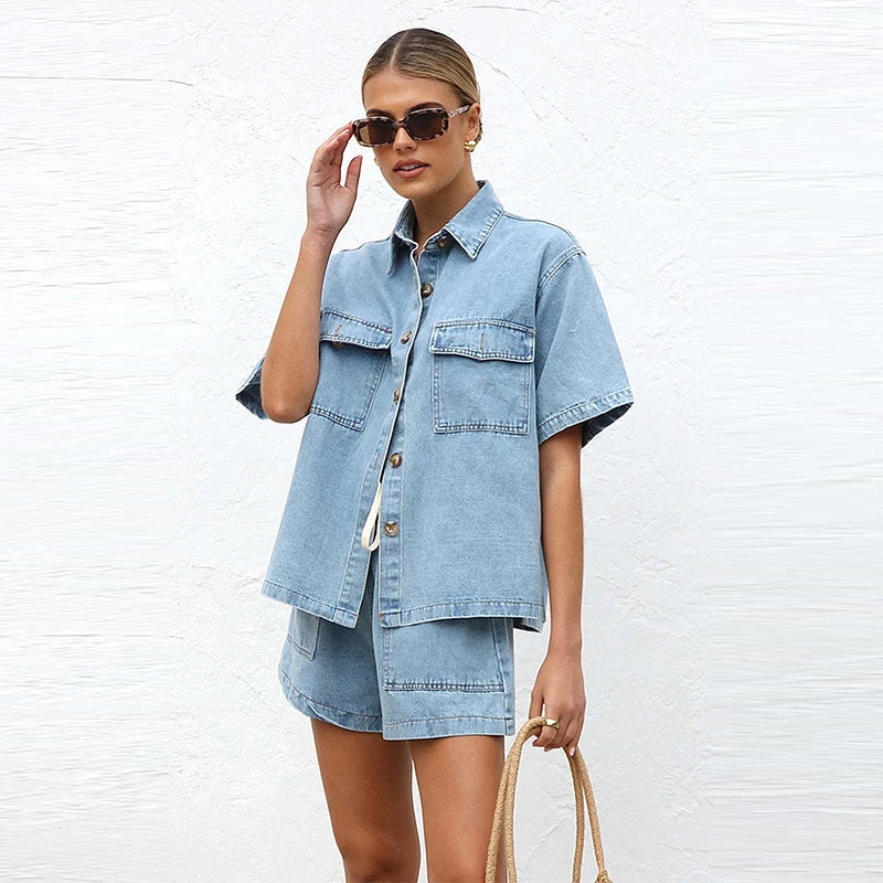 Denim Short Sleeve Shirt & Shorts Set — women's two piece set, view 14 by Emyri