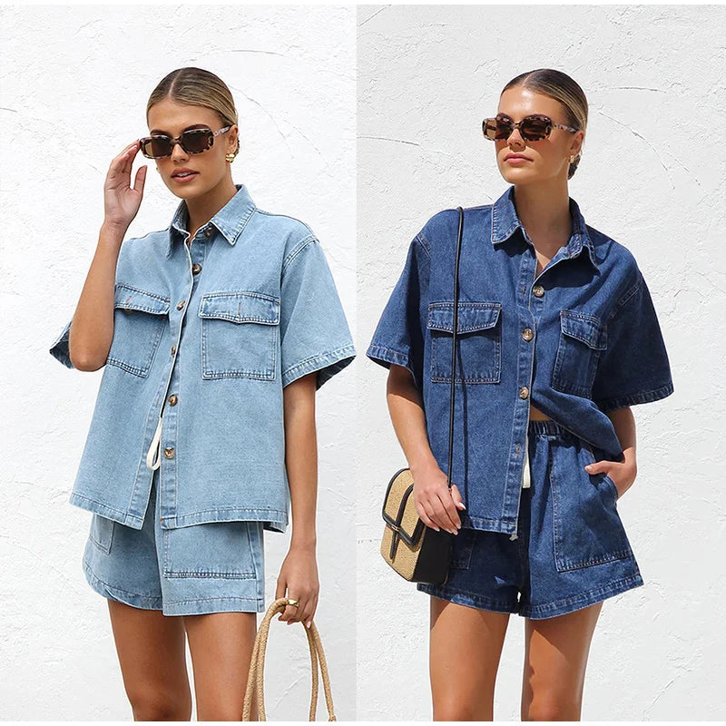 Denim Short Sleeve Shirt & Shorts Set — women's two piece set, view 19 by Emyri