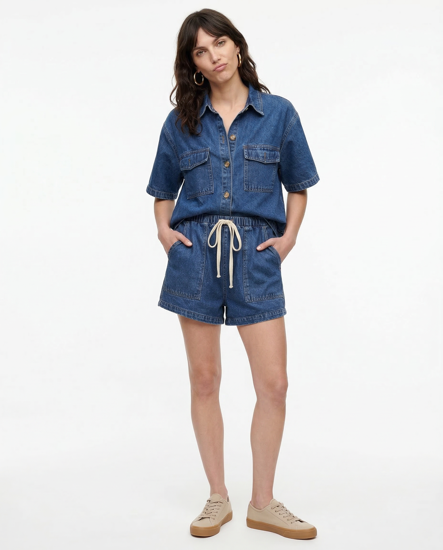 Denim Short Sleeve Shirt & Shorts Set — women's two piece set, view 6 by Emyri