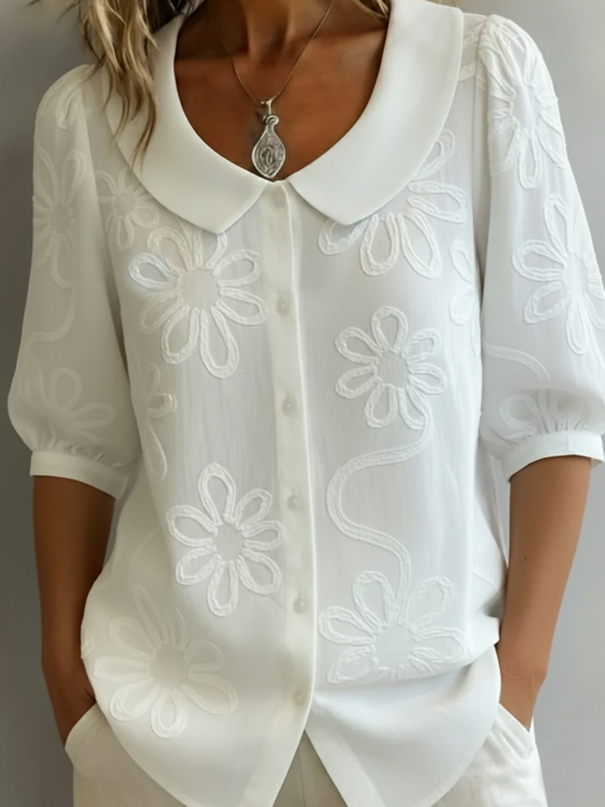 The Léa — Floral Jacquard Peter Pan Collar Blouse