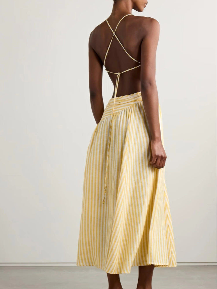 Striped Cutout Ruched Midi Dress