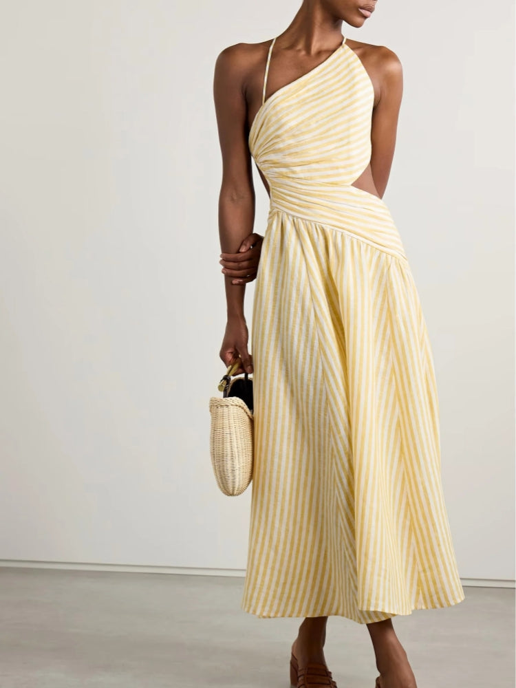 Striped Cutout Ruched Midi Dress