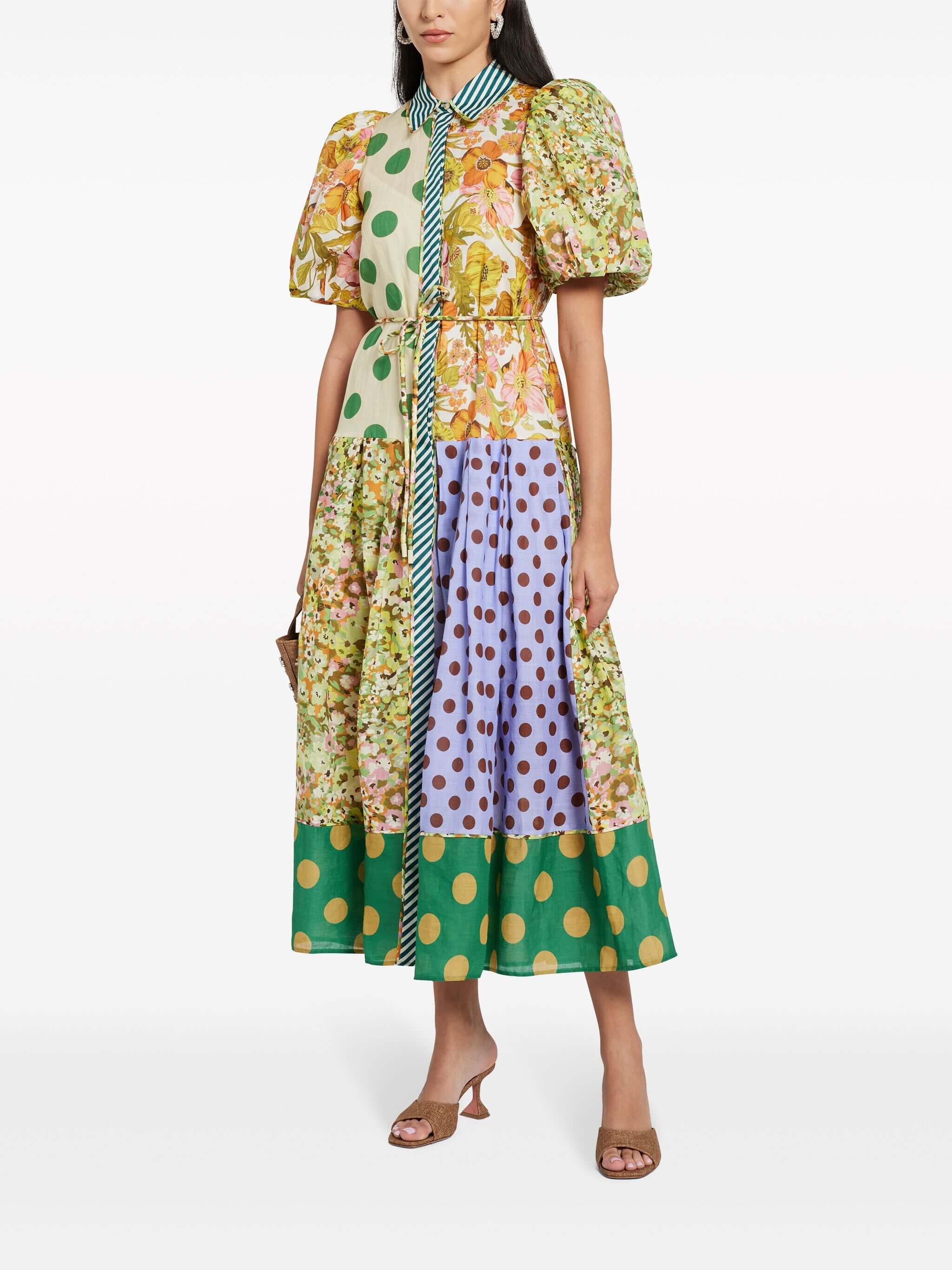 Floral Puff-Sleeve Open-Back Midi Dress
