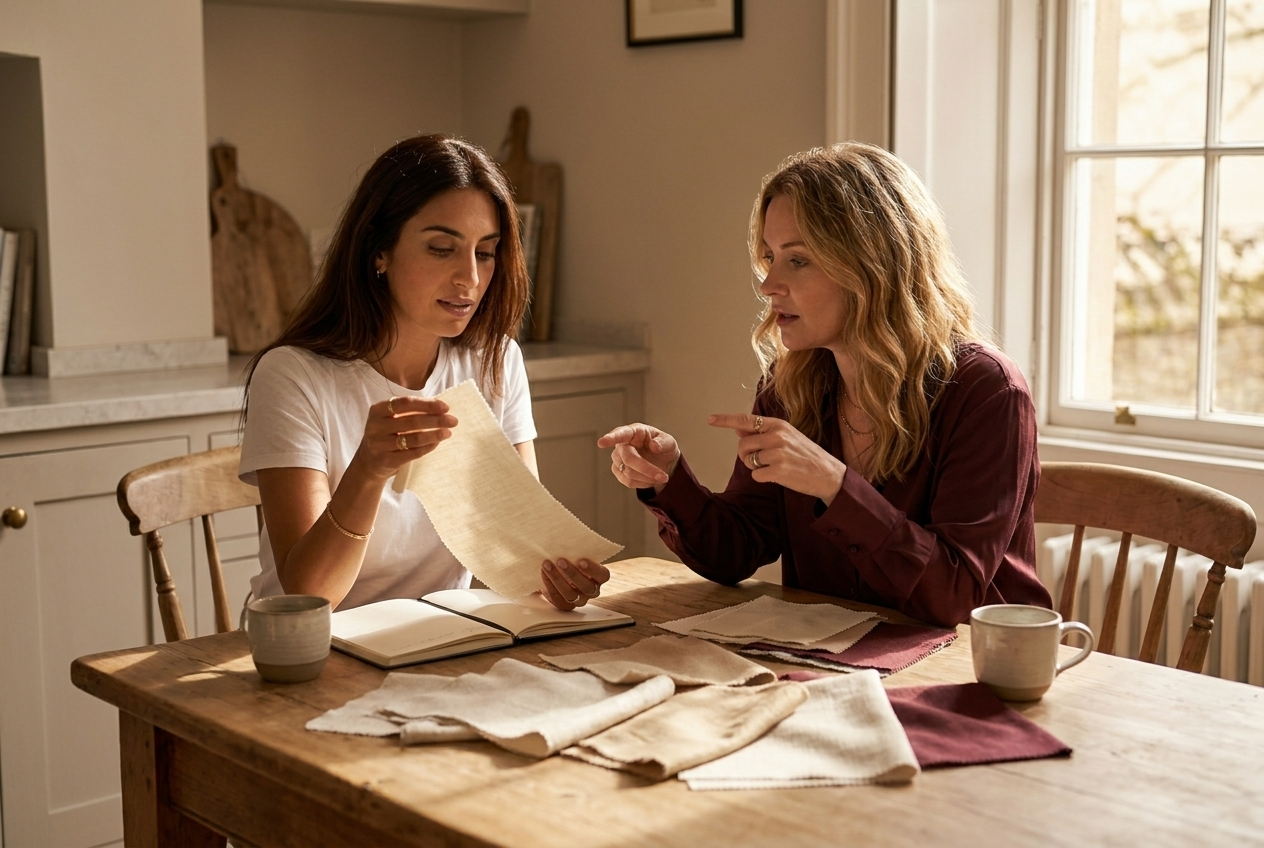 The founders of Emyri at a kitchen table with fabric swatches, where the idea began