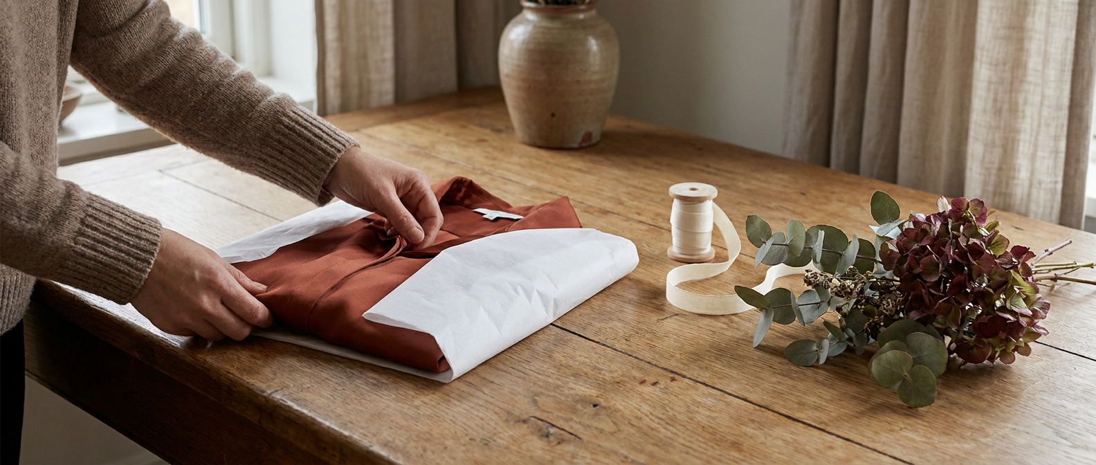 An Emyri order being wrapped in tissue paper