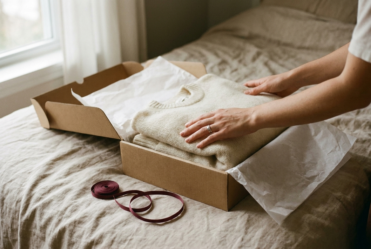 Hands folding a knit back into a tissue-lined return box