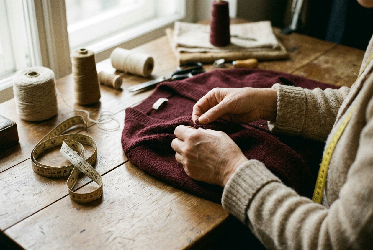 Hands repairing a burgundy knitted cardigan in an atelier