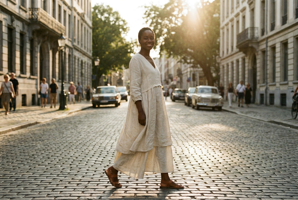 Woman in cream linen dress walking a cobblestone street