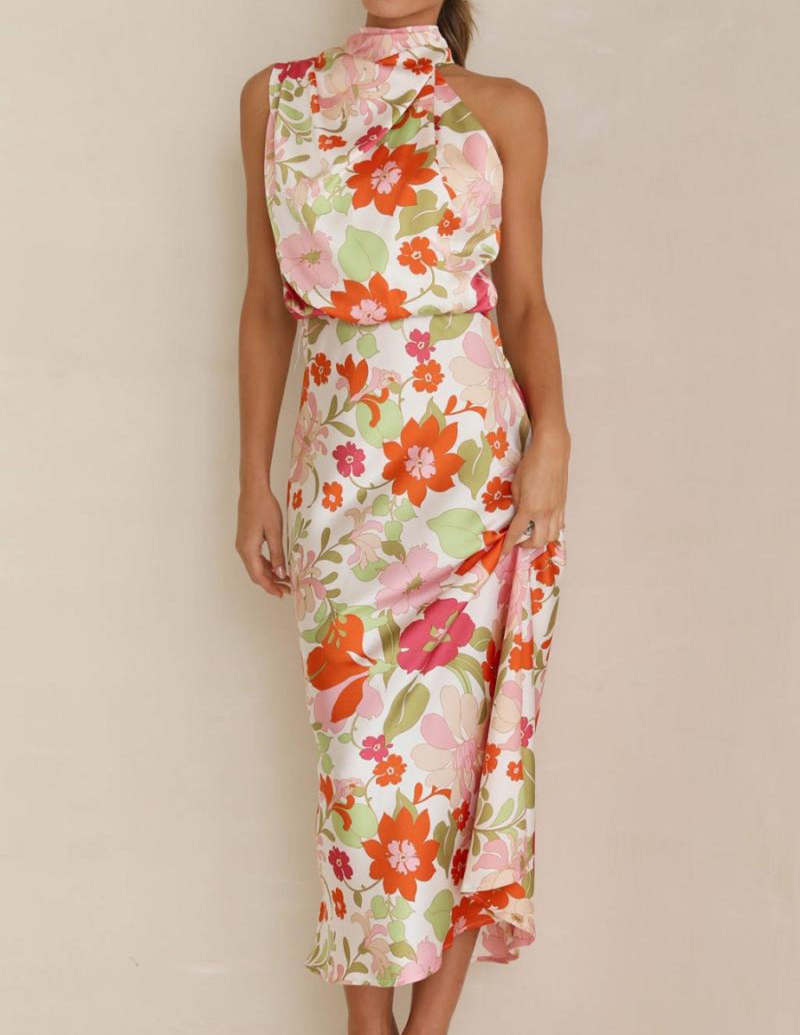 Floral Halter Elastic Maxi Dress