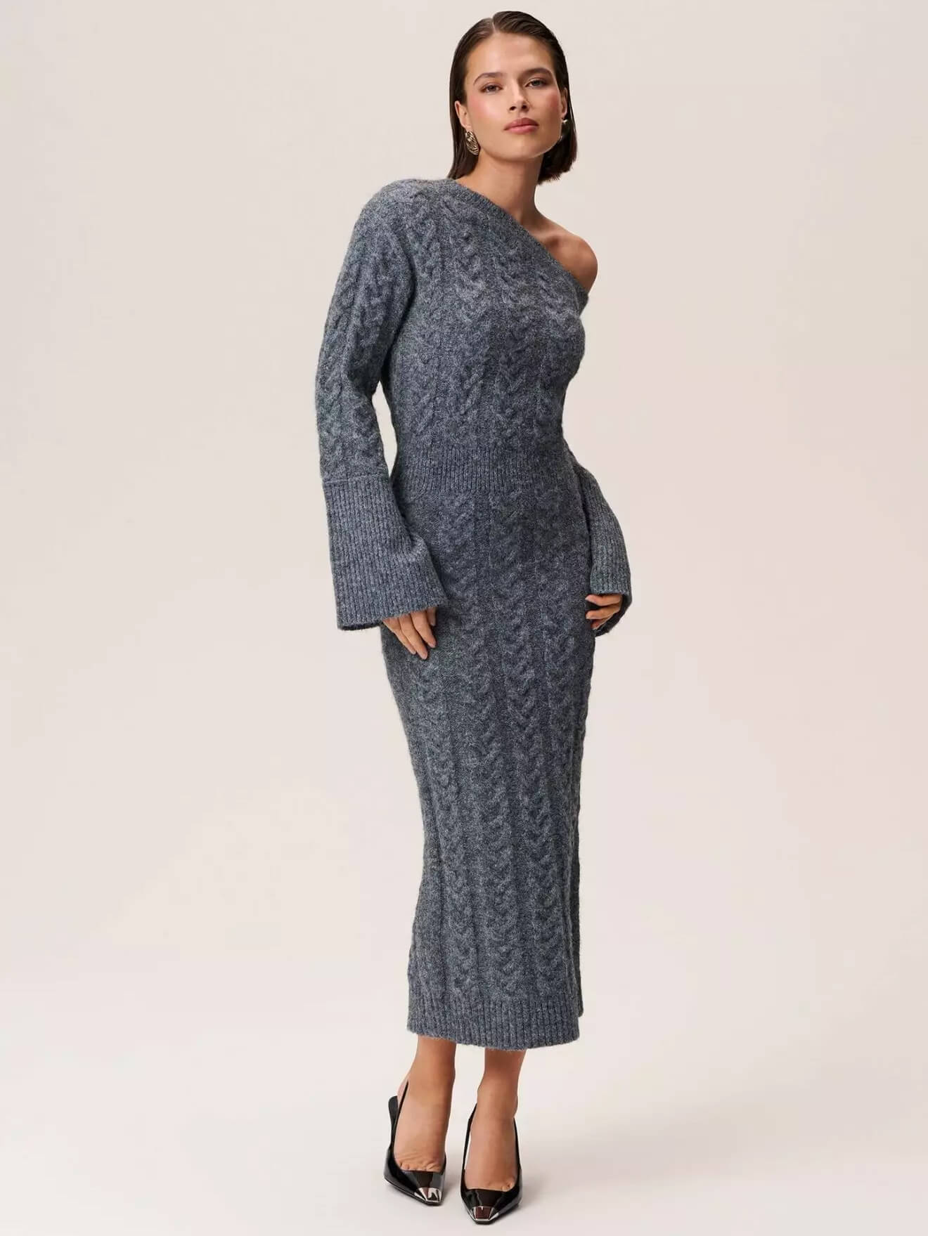Cable Knit One-Shoulder Midi Dress