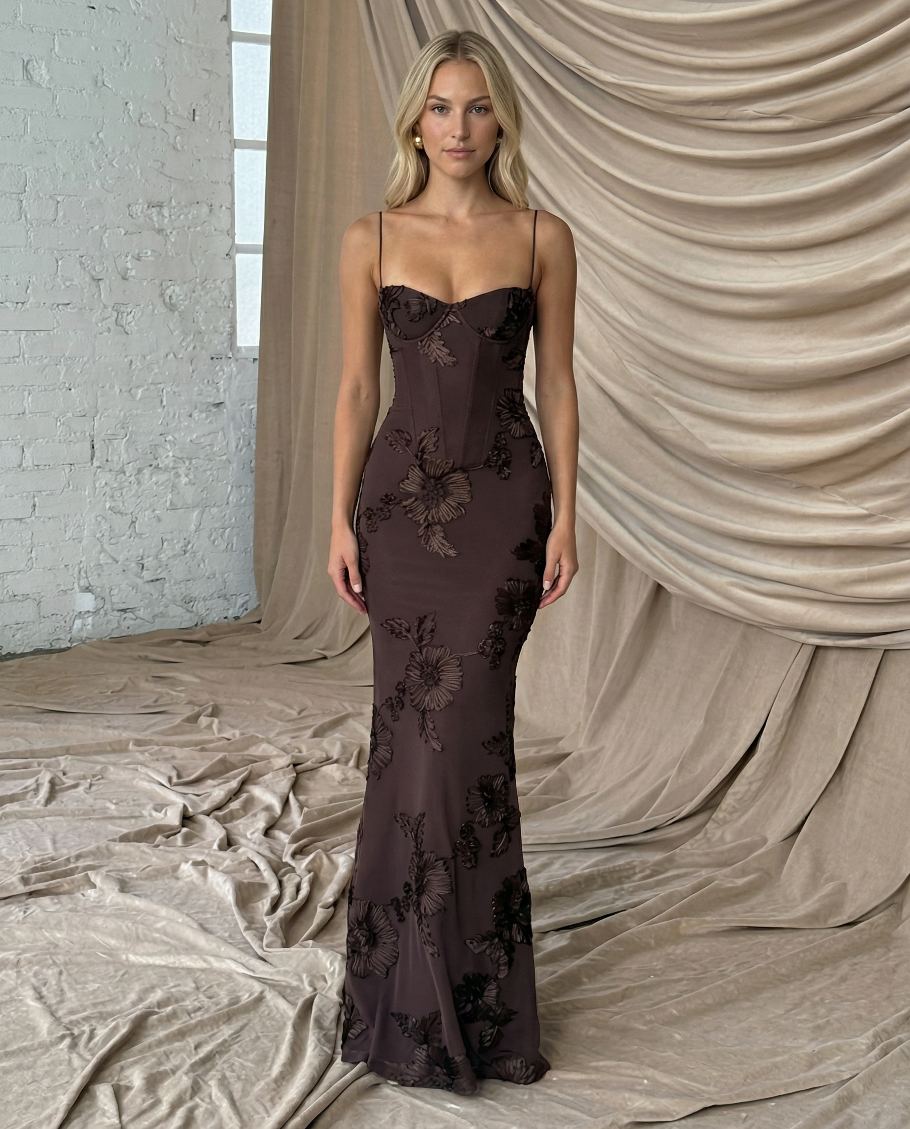 Floral Appliqué Mermaid Maxi Gown — women's maxi dress, view 10 by Emyri