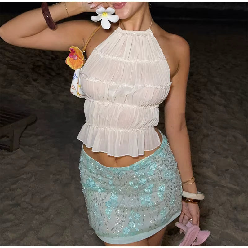 Floral Beaded Mesh Mini Skirt — women's mini skirt, view 2 by Emyri