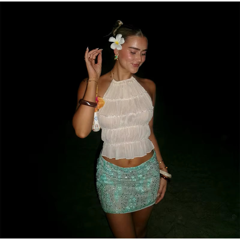 Floral Beaded Mesh Mini Skirt — women's mini skirt, view 4 by Emyri