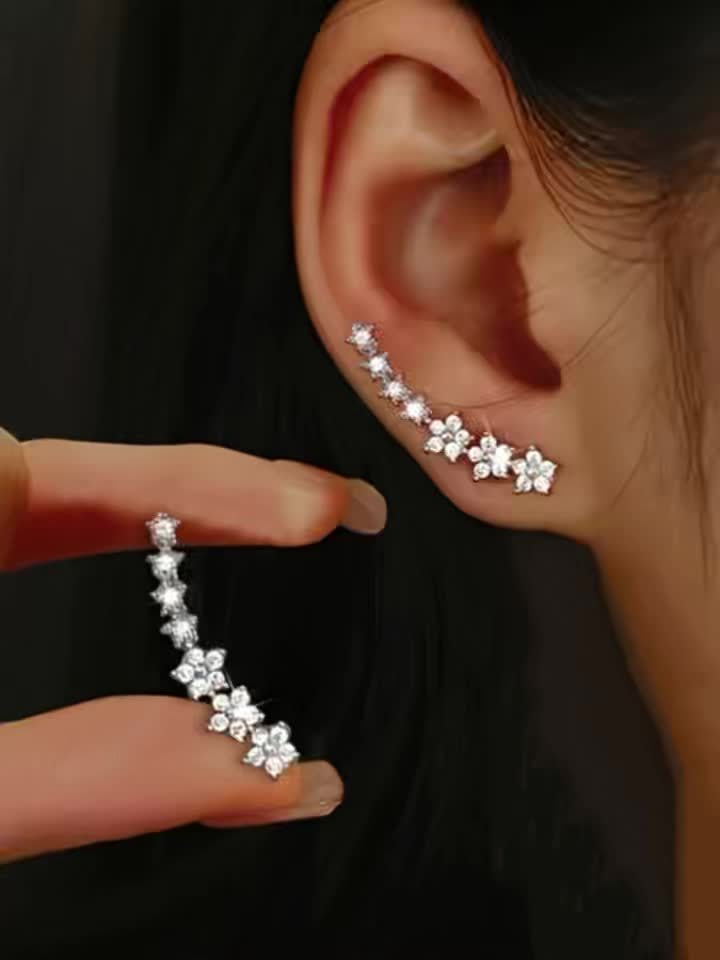 Floral Crystal Ear Crawler Earrings — women's earrings, view 2 by Emyri