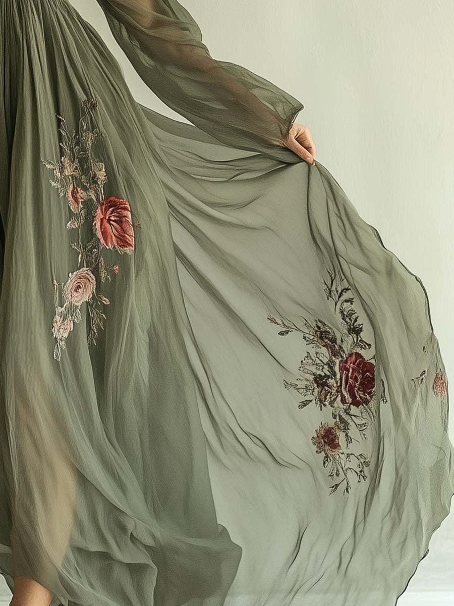 Floral Embroidered Chiffon Maxi Dress — women's maxi dress, view 4 by Emyri