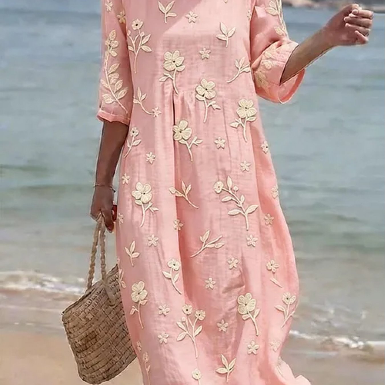 Floral Embroidered Linen Midi Dress — women's midi dress, view 2 by Emyri