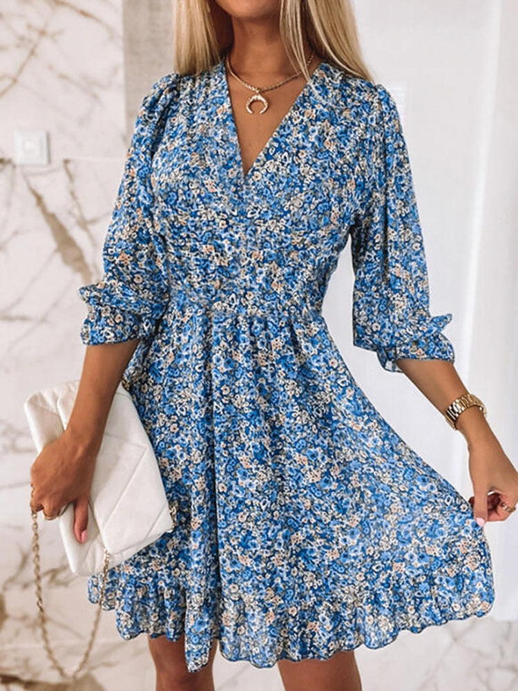 Floral Print Boho Mini Dress — women's mini dress, view 7 by Emyri