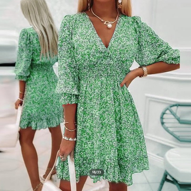 Floral Print Boho Mini Dress — women's mini dress, view 8 by Emyri