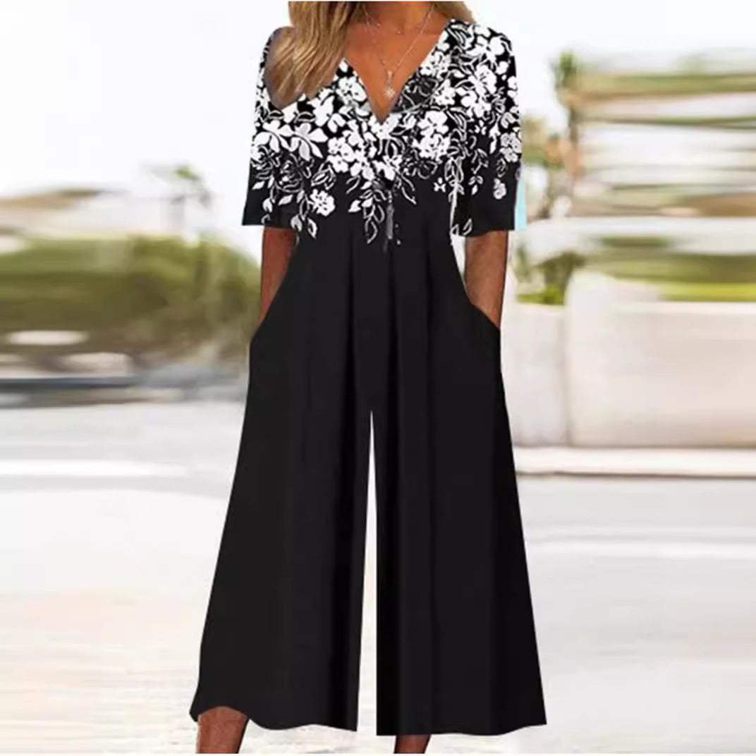 Floral Wide-Leg V-Neck Jumpsuit — women's jumpsuit, view 2 by Emyri