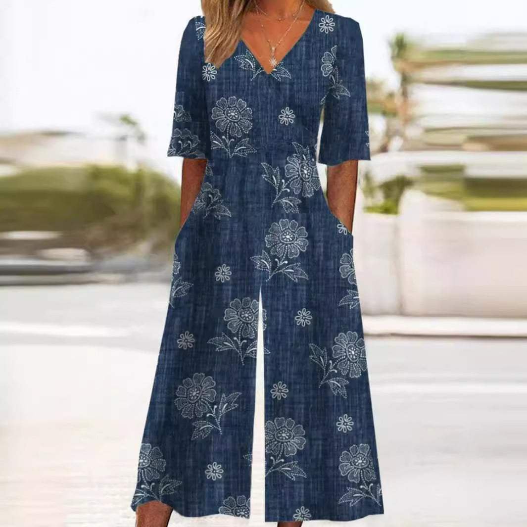 Floral Wide-Leg V-Neck Jumpsuit — women's jumpsuit, view 4 by Emyri