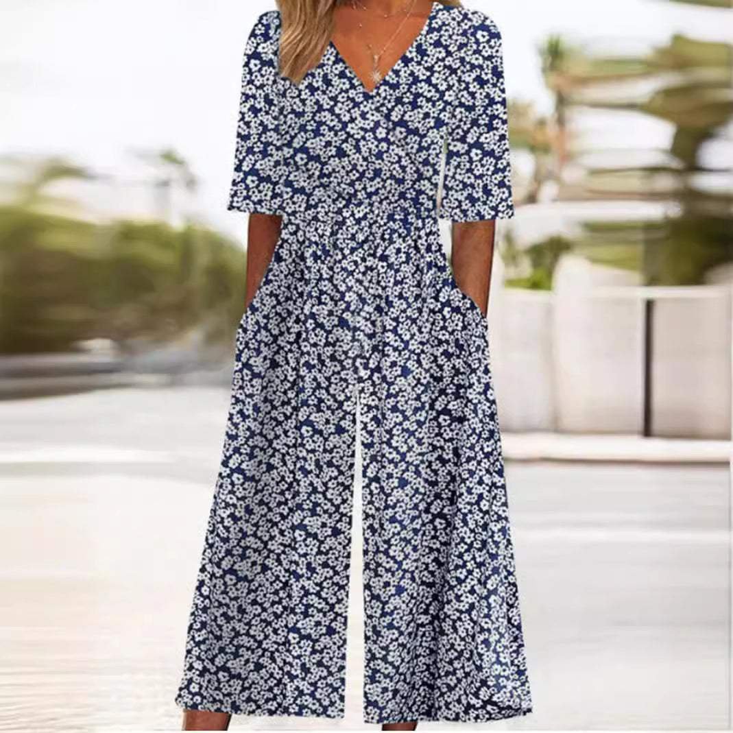 Floral Wide-Leg V-Neck Jumpsuit — women's jumpsuit, view 6 by Emyri