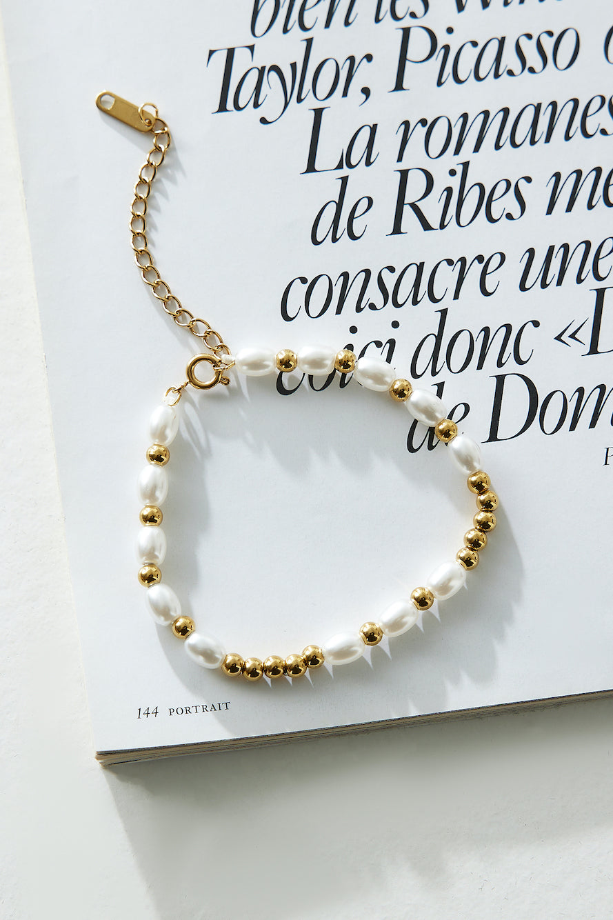 Women's gold bead pearl bracelet — alternate angle