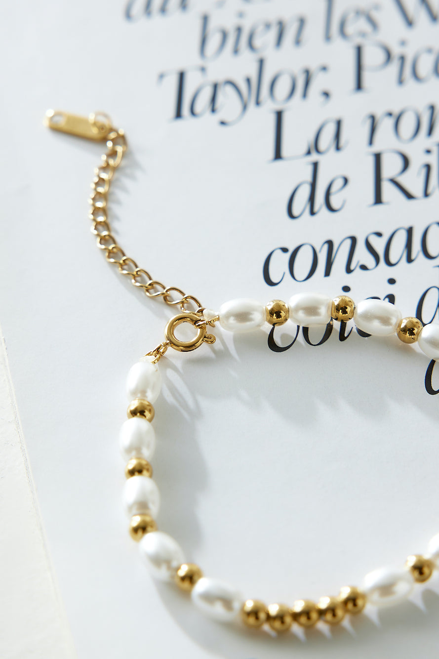 Women's gold bead pearl bracelet — alternate angle