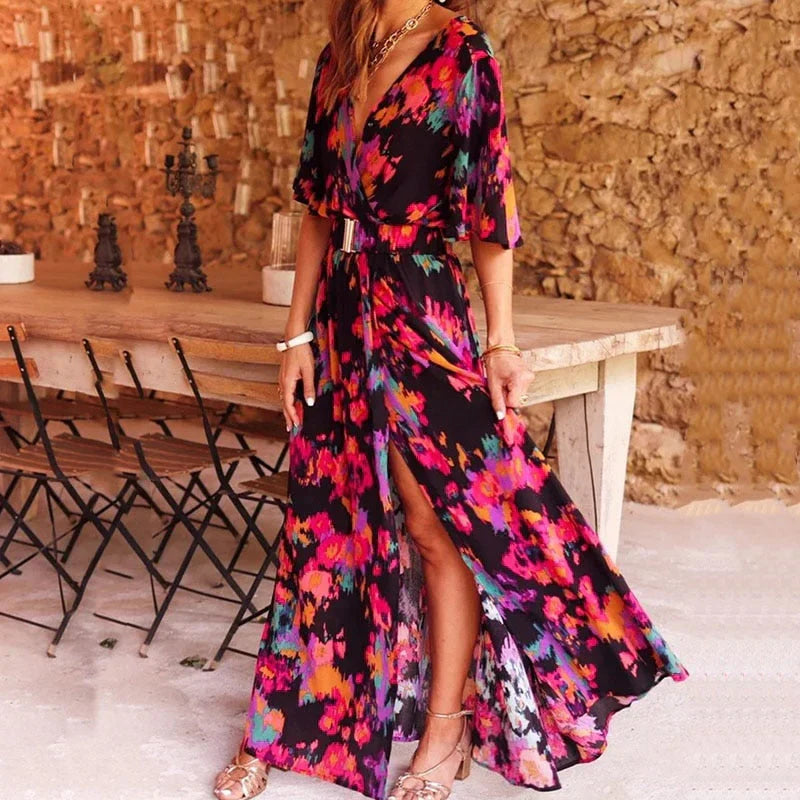 High-Slit Wrap Maxi Dress — women's maxi dress, view 3 by Emyri