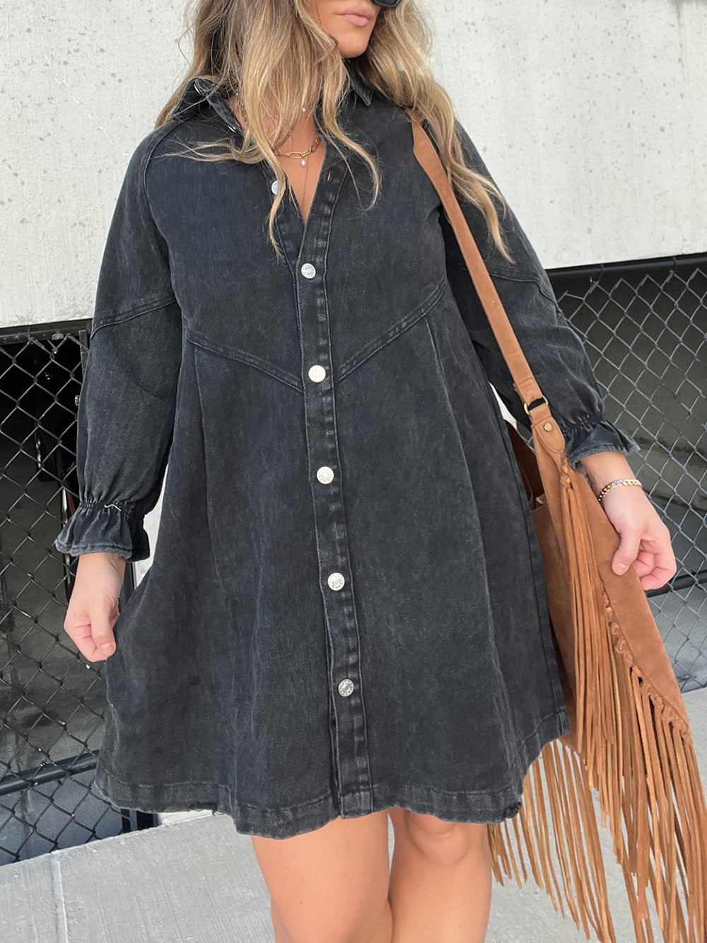 A-Line Button-Front Denim Dress