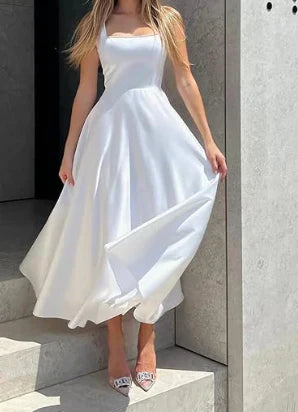 Square-Neck Satin Midi Dress