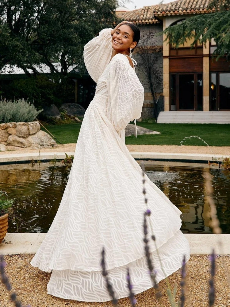 Pleated Devore Puff Sleeve Maxi Dress