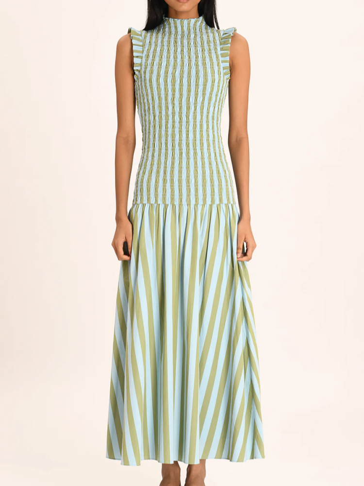 Smocked Striped Mock Neck Maxi Dress