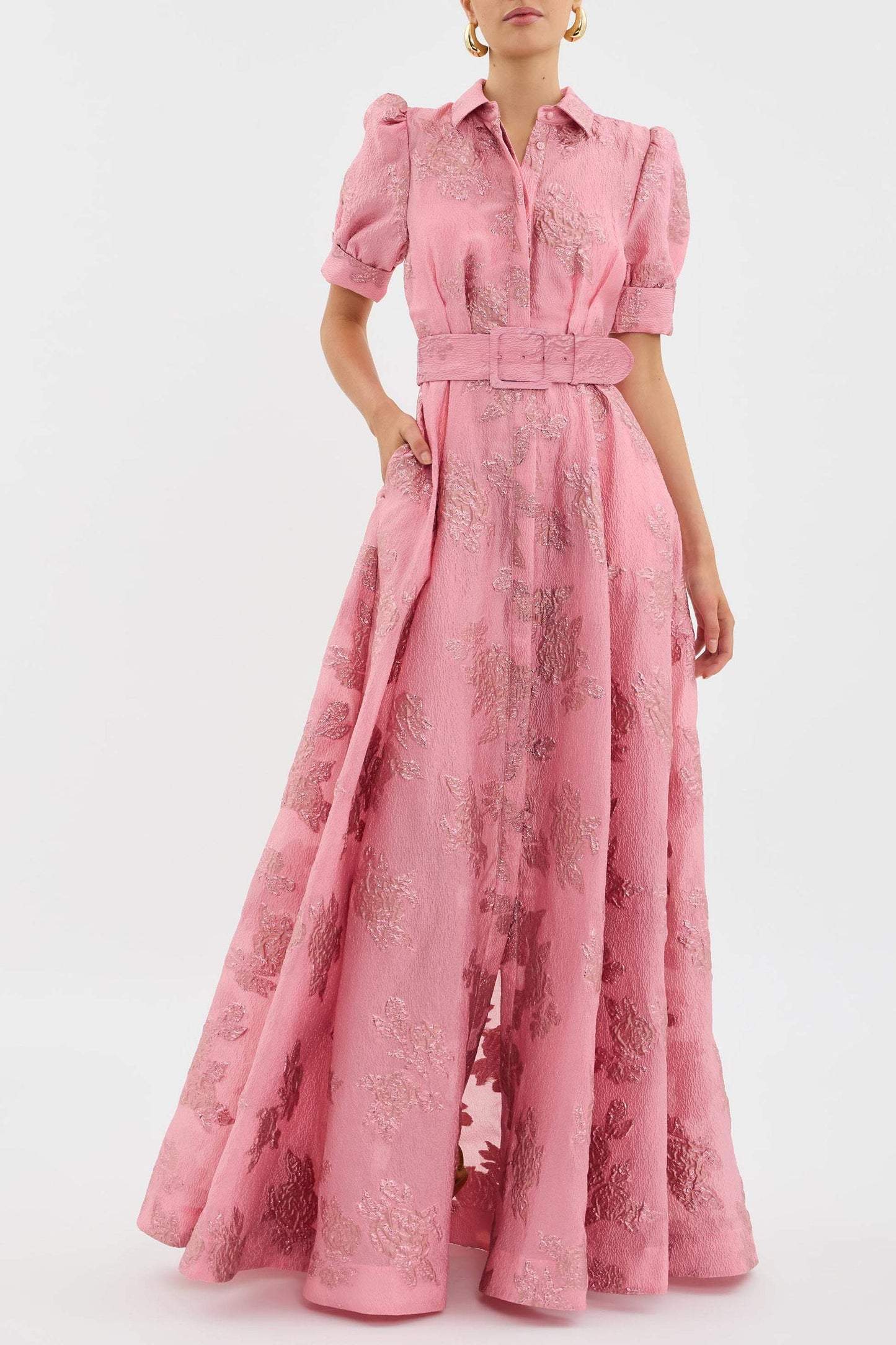 The Anabella — Jacquard Maxi Dress with Puff Sleeves