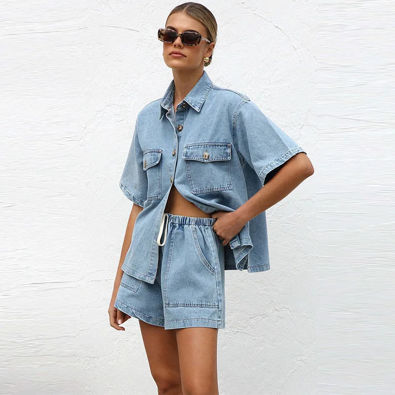 Denim Short Sleeve Shirt & Shorts Set
