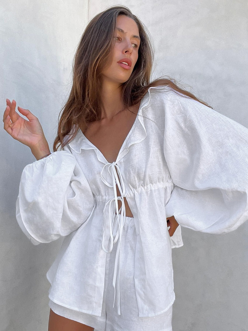 Linen Ruffle Blouse & Shorts Set — women's two-piece set by Emyri