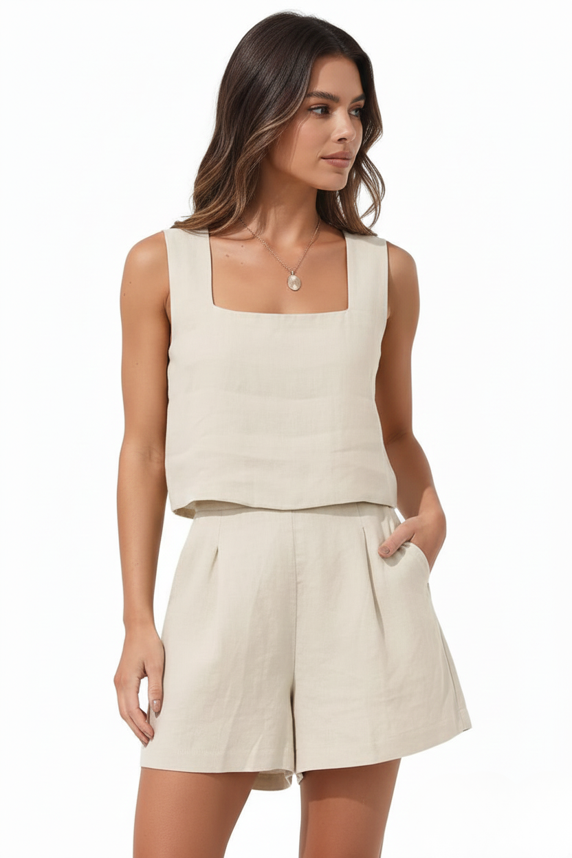 Linen Square-Neck Shorts Set — women's two-piece set, view 18 by Emyri
