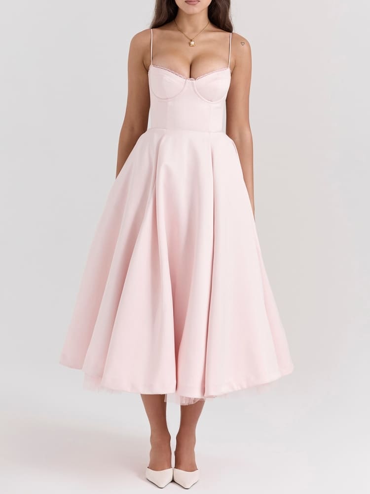 Boned Sweetheart Pink Midi Dress