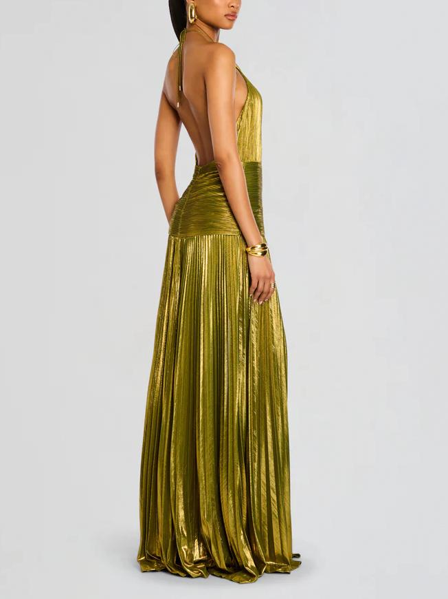 Metallic Halter Open-Back Maxi Dress — women's maxi dress, view 4 by Emyri