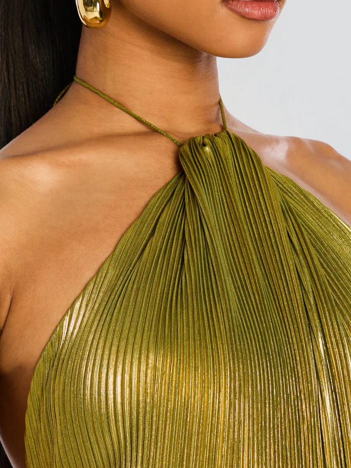 Metallic Halter Open-Back Maxi Dress — women's maxi dress, view 6 by Emyri
