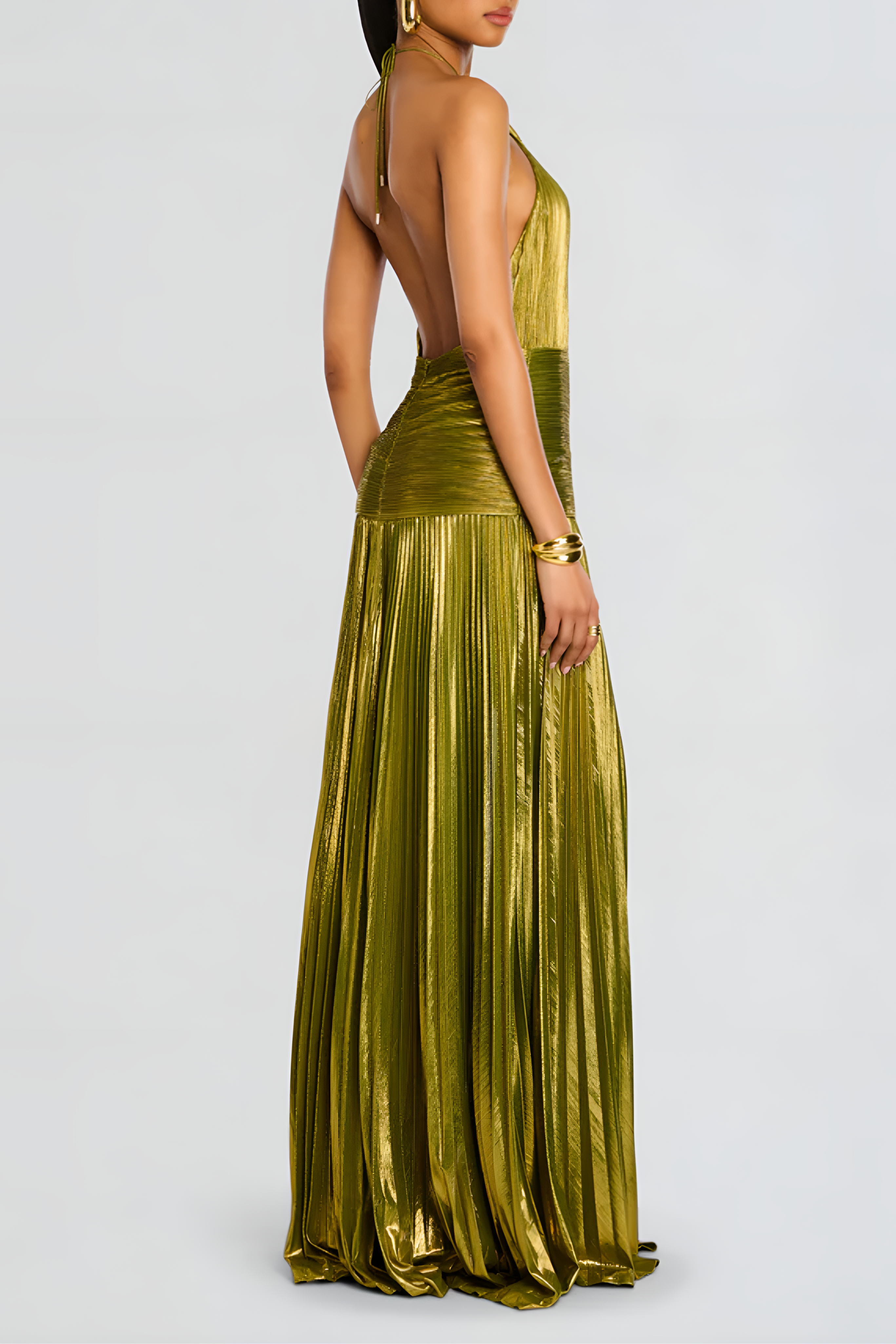 Metallic Pleated Halter Maxi Dress — women's maxi dress, view 2 by Emyri